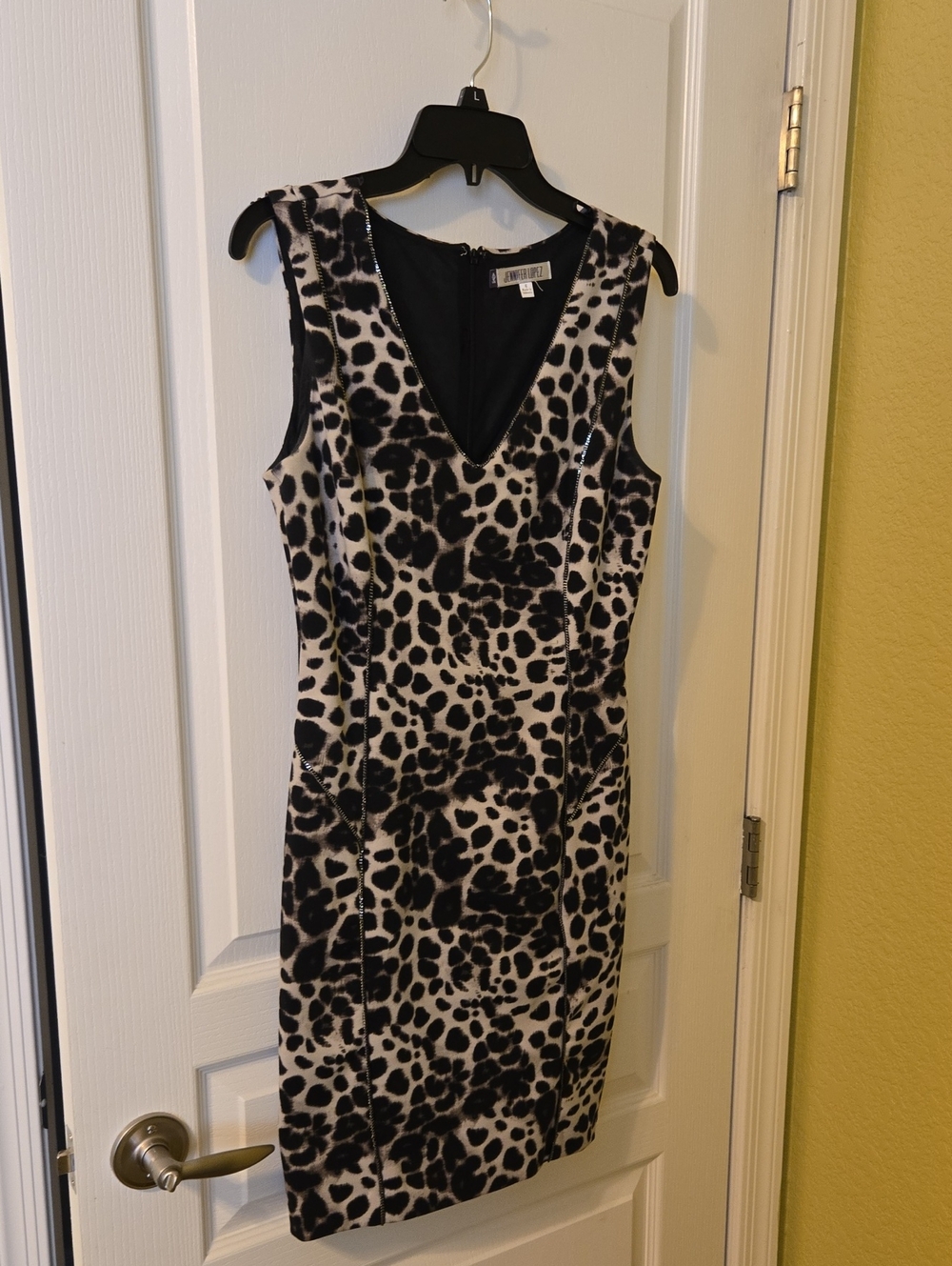 Jennifer Lopez Black and White Leopard Print Midi Dress